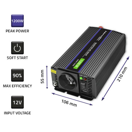 Qoltec Monolith voltage converter 1200 MS wave |12V to 230V | 600/1200W | USB