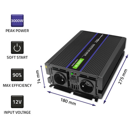 Qoltec Monolith voltage converter 3000 MS wave | 12V to 230V | 1500/3000 | USB