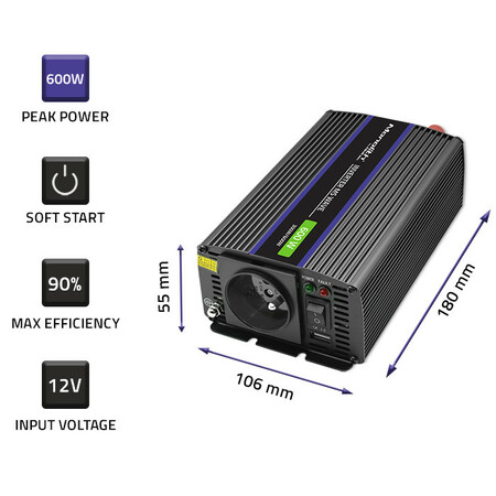 Qoltec Monolith voltage converter 600 MS wave | 12V to 230V | 300/600W| USB