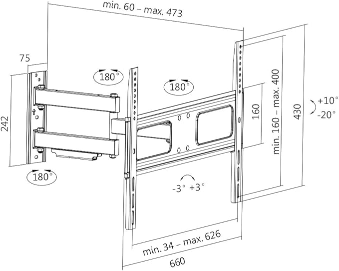 Logilink TV wall mount, 37&quot;-70&quot;, tilt +10°-20°, swievel +-90°, 473mm, maximum weight (capacity) 50kg, black