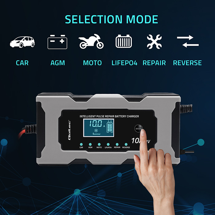 Qoltec intelligent microprocessor charger 12V 10A | rectifier with repair function for AGM gel LiFePO4 batteries | LCD