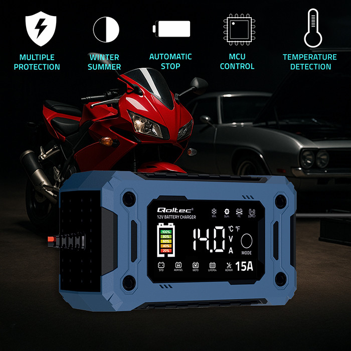Qoltec intelligent microprocessor charger 12V 15A | rectifier with repair &amp; power maintenance function during battery replacement | for AGM gel LiFePO4 | LCD