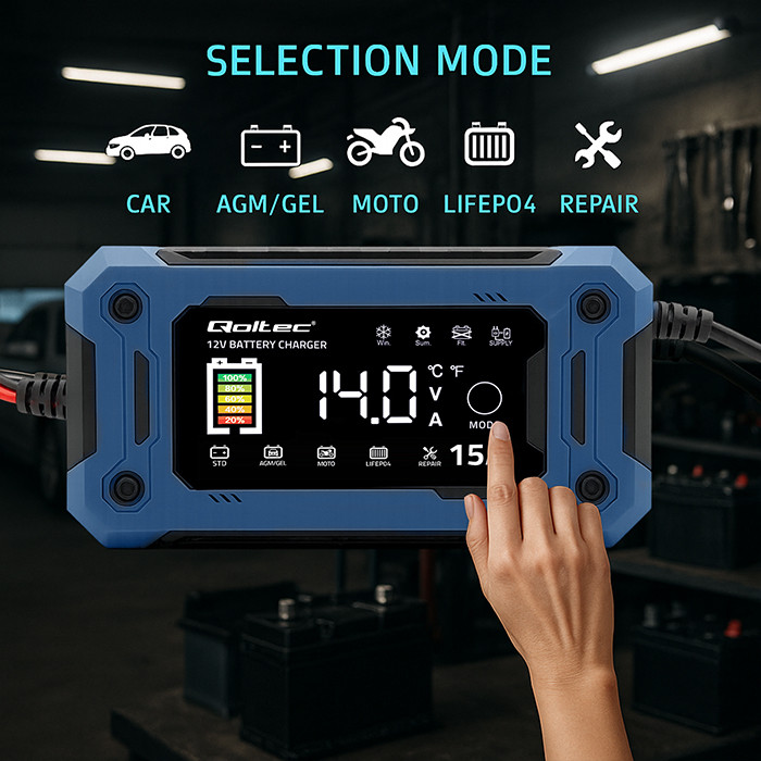 Qoltec intelligent microprocessor charger 12V 15A | rectifier with repair &amp; power maintenance function during battery replacement | for AGM gel LiFePO4 | LCD