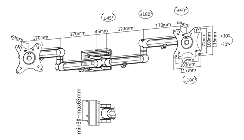 Kahe monitori jalg, 17-32&quot;, kuni 8kg (kumbki ekraan), kallutatav, pööratav, VESA 75*75/100*100, valge