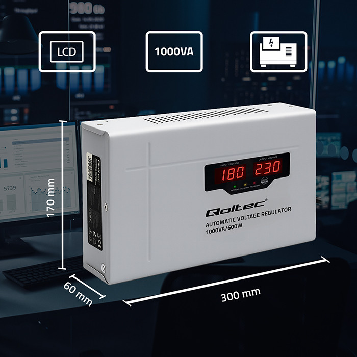 Qoltec automaatne pingestabilisaator AVR 1000VA 3%, kompaktne, toroid trafoga