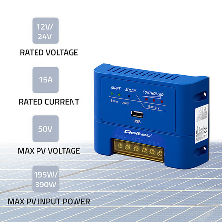 Qoltec MPPT 15A solar charge controller for powering DC receivers &amp; charging 12V/24V, AGM, GEL, LiFePO4 batteries