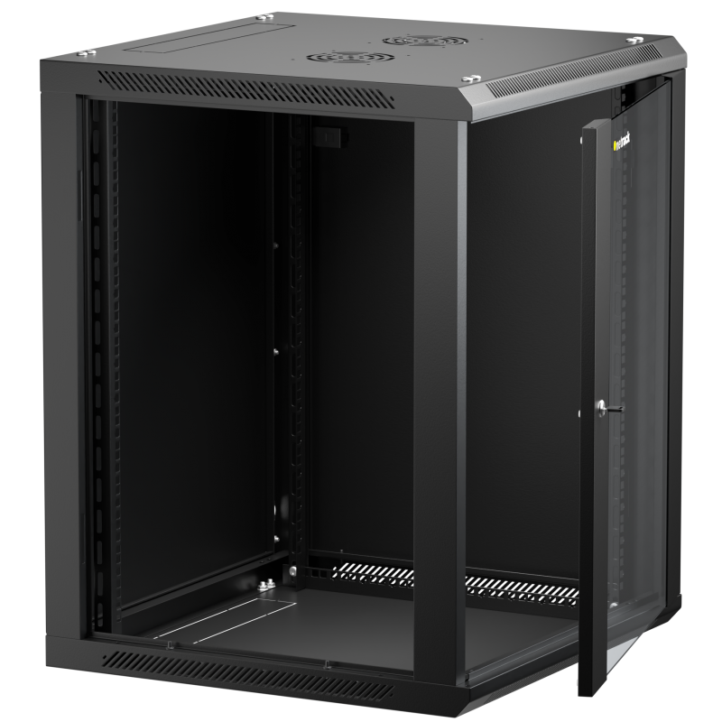 Netrack 19" wall-mount F-Line rack cabinet, 15U 600*600, glass door, black, flat-pack