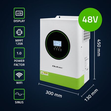 Qoltec hybrid solar inverter, off-grid 6.2kW, 120A, 48V, MPPT, BMS, sine, Wi-Fi option, power factor 1.0