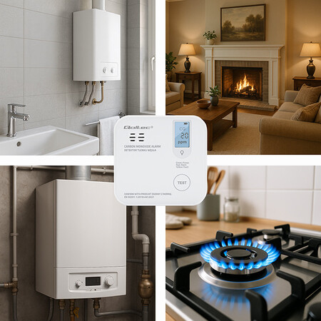 Qoltec certified wireless carbon monoxide (CO) sensor with battery, sensor service life 10 years, 85dB alarm, LED