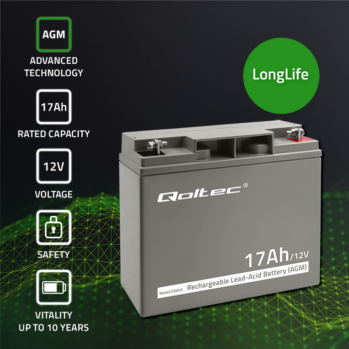 Qoltec AGM battery 12V 17Ah maintenance-free, efficient, LongLife, for UPS, scooter