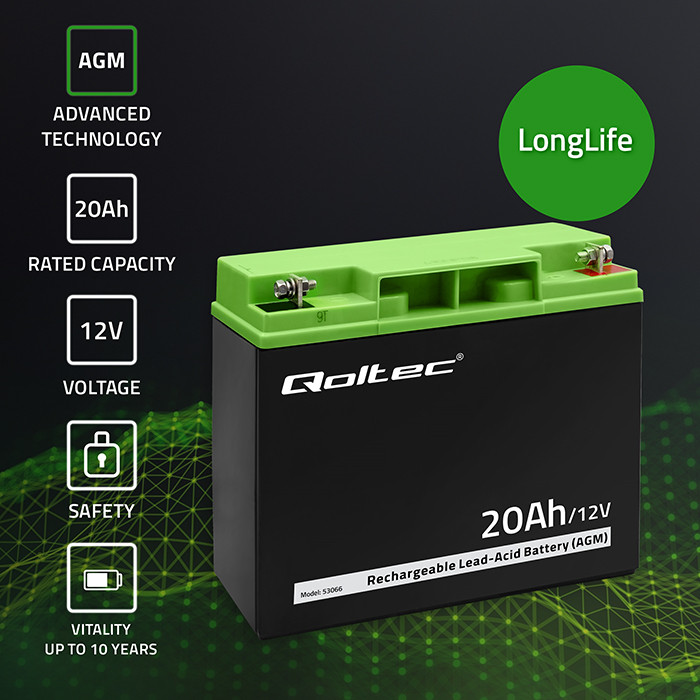 Qoltec AGM battery 12V 20Ah maintenance-free, efficient, LongLife, for UPS, scooter