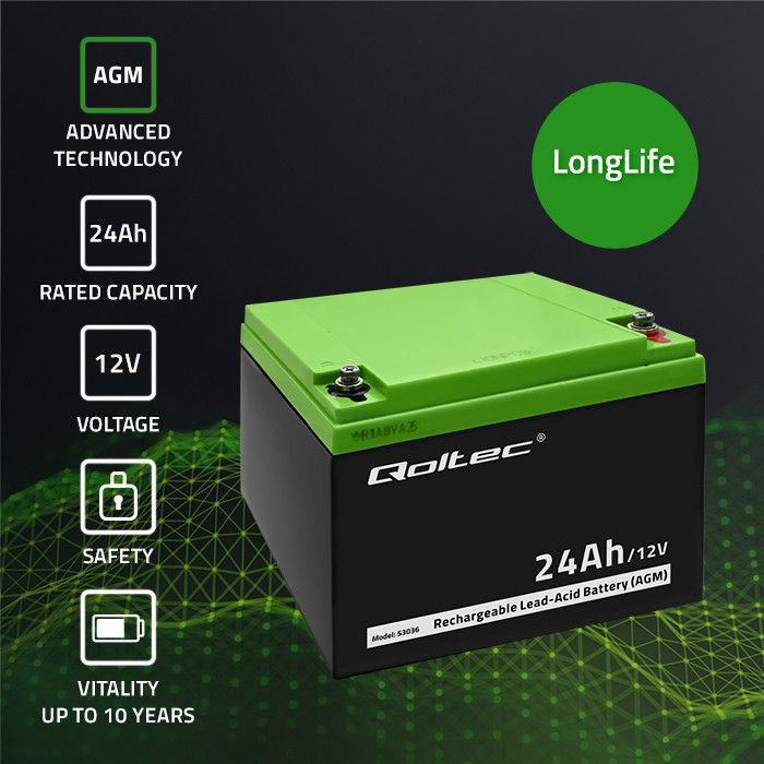 Qoltec AGM battery 12V, 24Ah, max 360A, long-life, for UPS