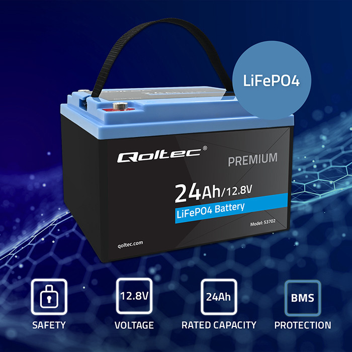 Qoltec LiFePO4 lithium iron phosphate battery 12.8V, 24Ah, 307.2Wh, BMS
