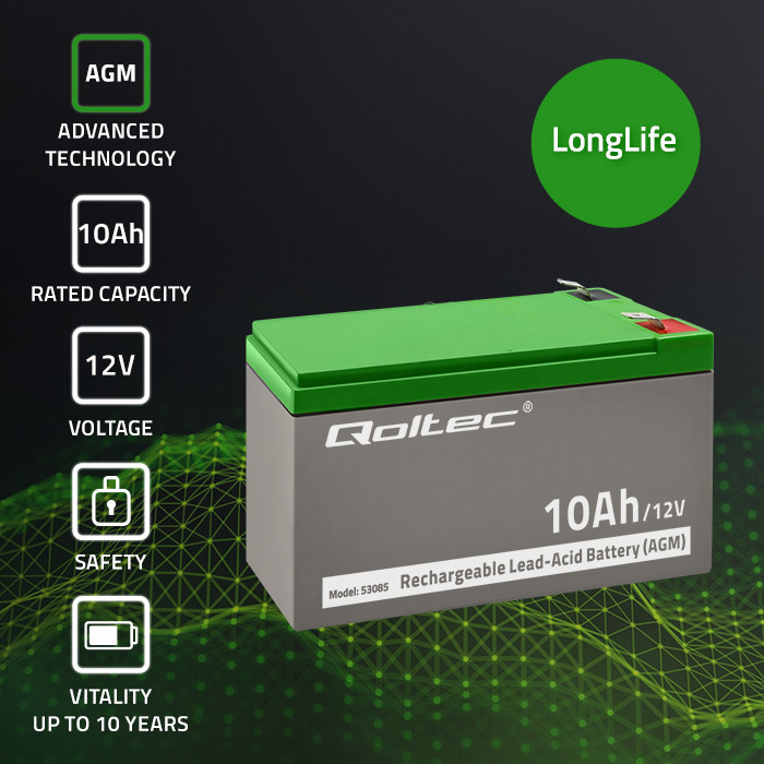 Qoltec AGM battery 12V, 10Ah, long-life