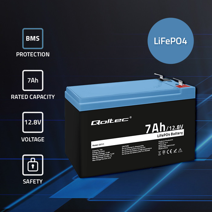 Qoltec LiFePO4 battery, 12.8V, 7Ah, 89.6Wh, BMS