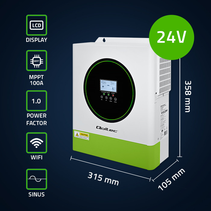 Qoltec hybrid off-grid solar inverter 3500W, 100A, 24V, MPPT, BMS, sinus, Wi-Fi option, power factor 1.0