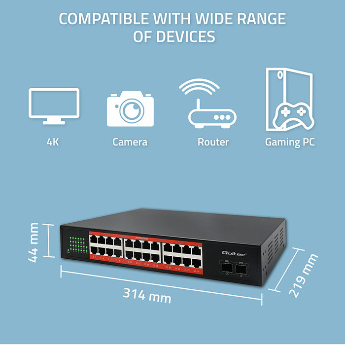 Qoltec unmanaged GE switch, 24*10/100/1000Mb/s RJ-45, 2*SFP 1000Mb/s