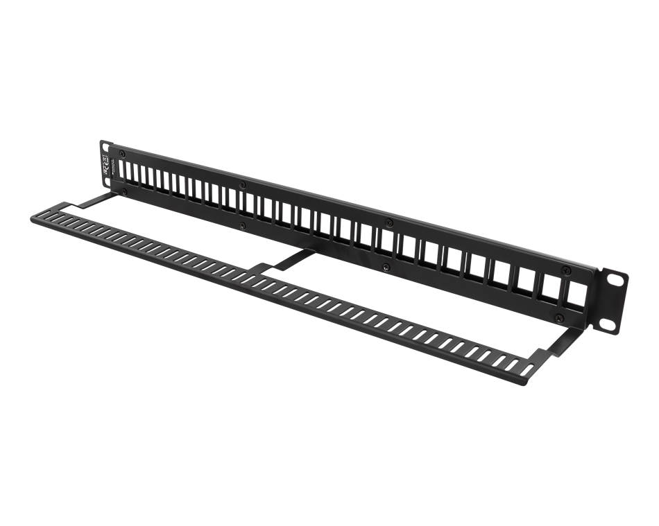 19" 1U patch panel, 24 ports, without connectors, cable support, metal, black