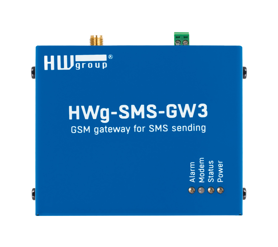 HWg-SMS-GW3 central GSM-SMS gateway for hardware group sensors. IP sensors connected via LAN. Includes GSM modem, external antenna &amp; network adapter