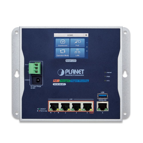 Planet industrial wall-mount Gigabit router with 4-port 802.3at PoE+ &amp; LCD touch screen