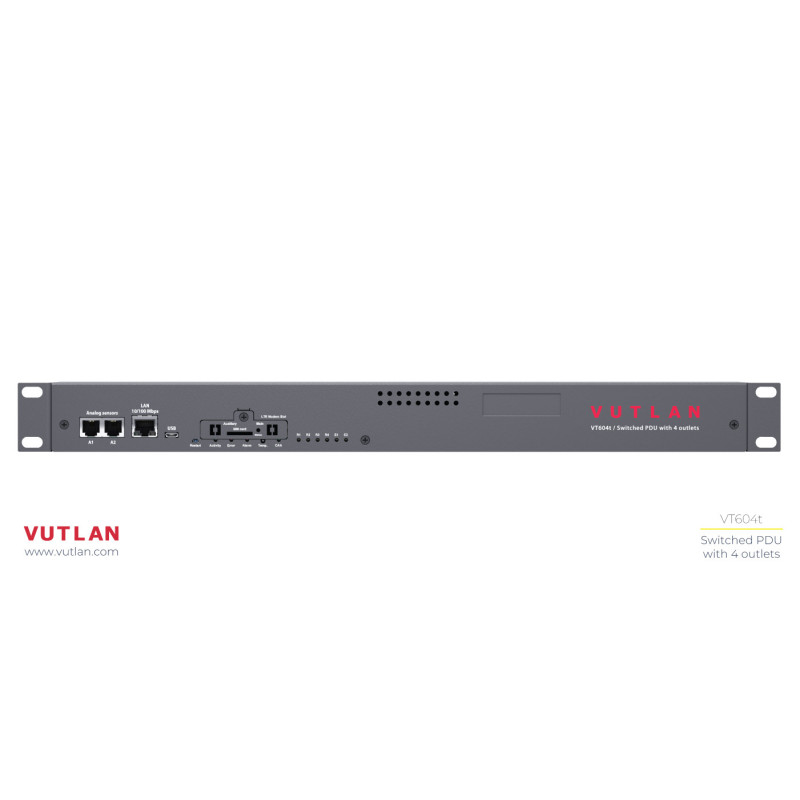 Vutlan switched PDU 19", 4 outlets. x1 Ethernet port, x1 USB port, x2 analog sensor ports, x4 230VAC outlets, x2 digital inputs, x2 12V 0.25A relays, x1 CAN port, power supply 230VAC