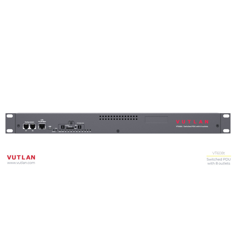 Vutlan switched PDU 19", 8 outlets, x1 Ethernet port, x1 USB port, x2 analog sensor ports, x8 230VAC outlets, x2 digital inputs, x2 12V 0.25A relays, x1 CAN port, 230V AC 