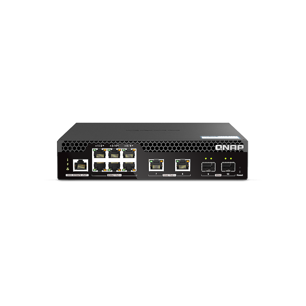 QNAP 10-port 10GbE half-width rackmount Layer 2 managed switch with 2*10GbE SFP+, 2*10NBASE-T RJ45, 6*2.5GbE RJ45 ports