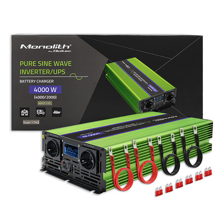 Qoltec pure sine wave inverter Monolith | battery charger | UPS | 2000W | 4000W | 12V to 230V | LCD