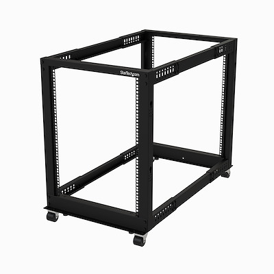 4-post 15U mobile open frame server/network rack with wheels, adjustable depth, leveling feet or floor mounting
