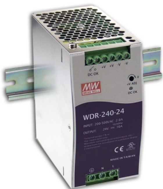 MeanWell 240W/10A DIN-rail 24VDC single output industrial power supply, universal 180 to 550VAC or 254 to 780VDC input voltage, -30 to 70°C operating temperature