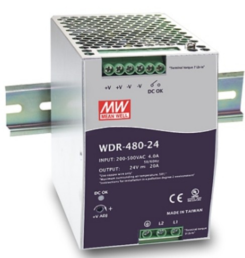 MeanWell 480W/20A DIN-rail 24VDC single output industrial power supply, universal 180 to 550VAC or 254 to 780VDC input voltage, -30 to 70°C operating temperature