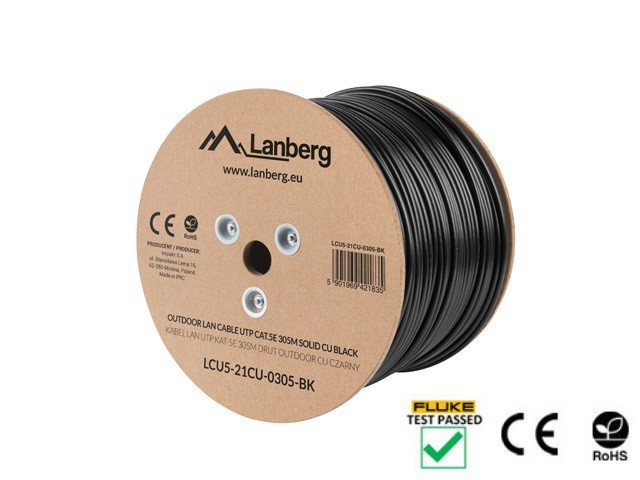 Lanberg LAN cable Cat.5E UTP 305m, solid, outdoor, CU, black, fluke passed