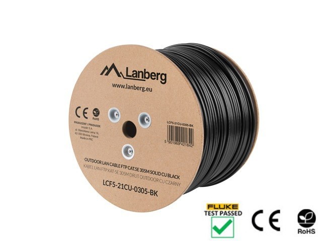 Lanberg LAN cable Cat.5E FTP 305m, solid, outdoor, CU, black, fluke passed