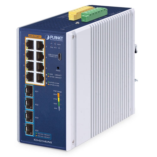 Planet industrial L2+ 8-port 10/100/1000T 802.3bt PoE + 4-port 10G SFP+ managed Ethernet switch