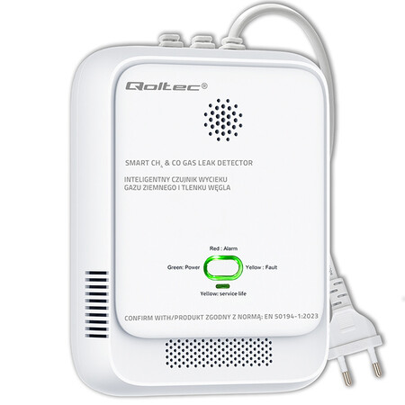 Qoltec certified wireless gas leak (CH4) &amp; carbon monoxide (CO) detector, sensor service life 5 years, 85dB alarm, LED