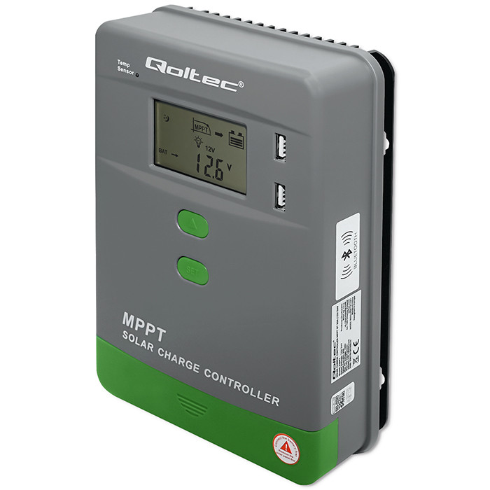 Qoltec MPPT 30A solar charge controller with temperature sensor, 12V/24V, LCD, 2*USB, Bluetooth, APP, GEL, LiFePO4