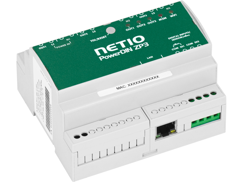 PowerDIN ZP3, 3 independent phase electricity switching (3*240V/16A per output), 2 digital inputs (DI), LAN &amp; Wi-Fi connectivity, ZVS &amp; nBus support