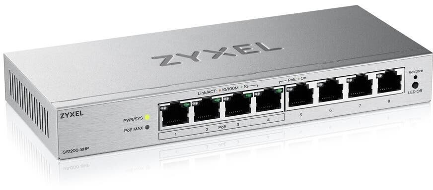 ZyXEL GS1200-8HP, 8 port Gigabit PoE+ webmanaged switch, 4*PoE, 68W