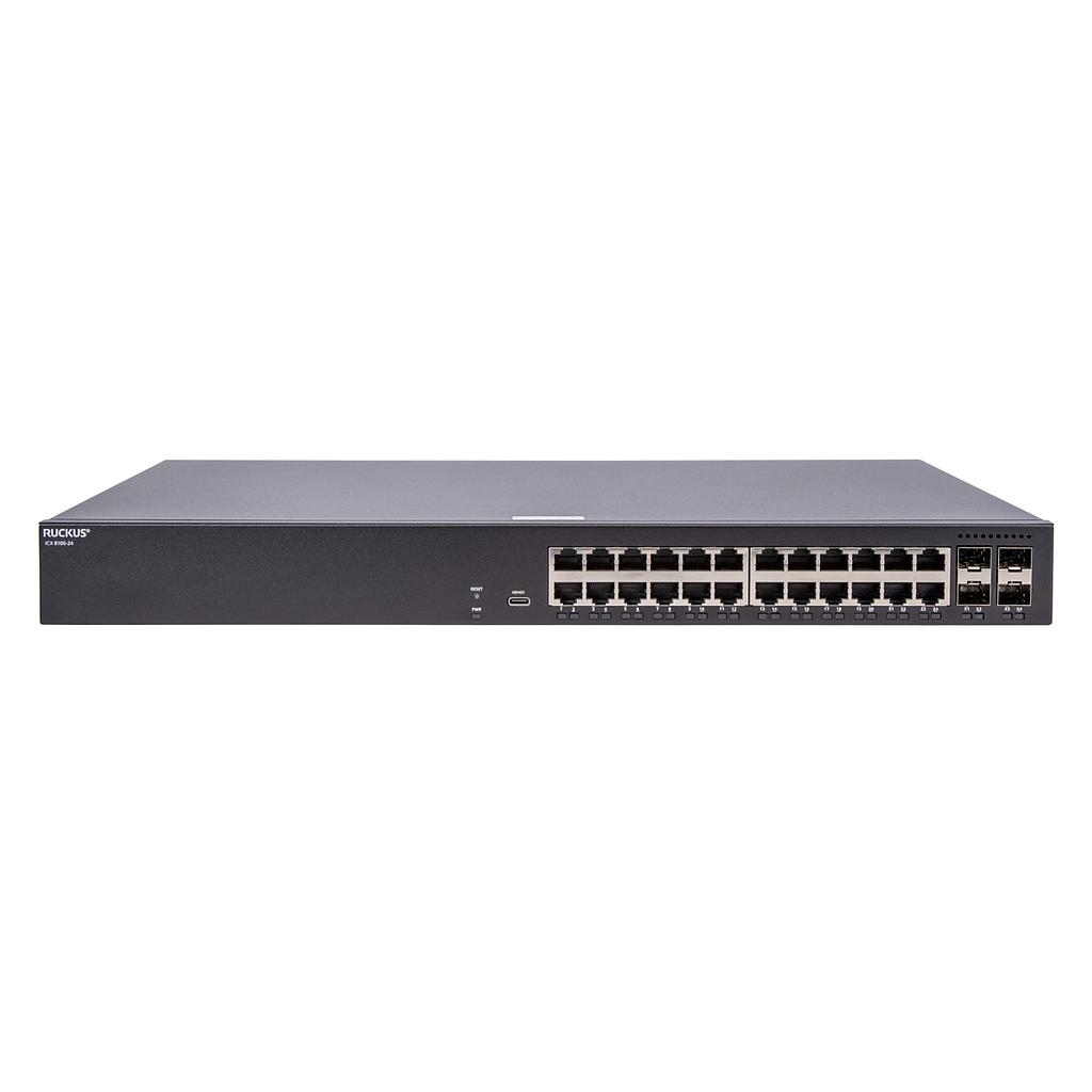 Ruckus ICX 8100 1RU switch, 24*10/100/1000 Mbps PoE+ 802.3at, 30W class 4 ports, 4*10GbE SFP+ uplink-ports, 370W PoE budget. Power cord not included