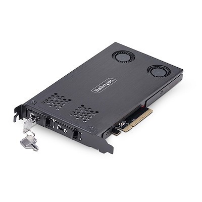 Dual-bay M.2 NVMe SSD to PCIe x8 removable mobile rack; bifurcation required; tool-less installation, PCIe backplane w/two hot-swap drive bays