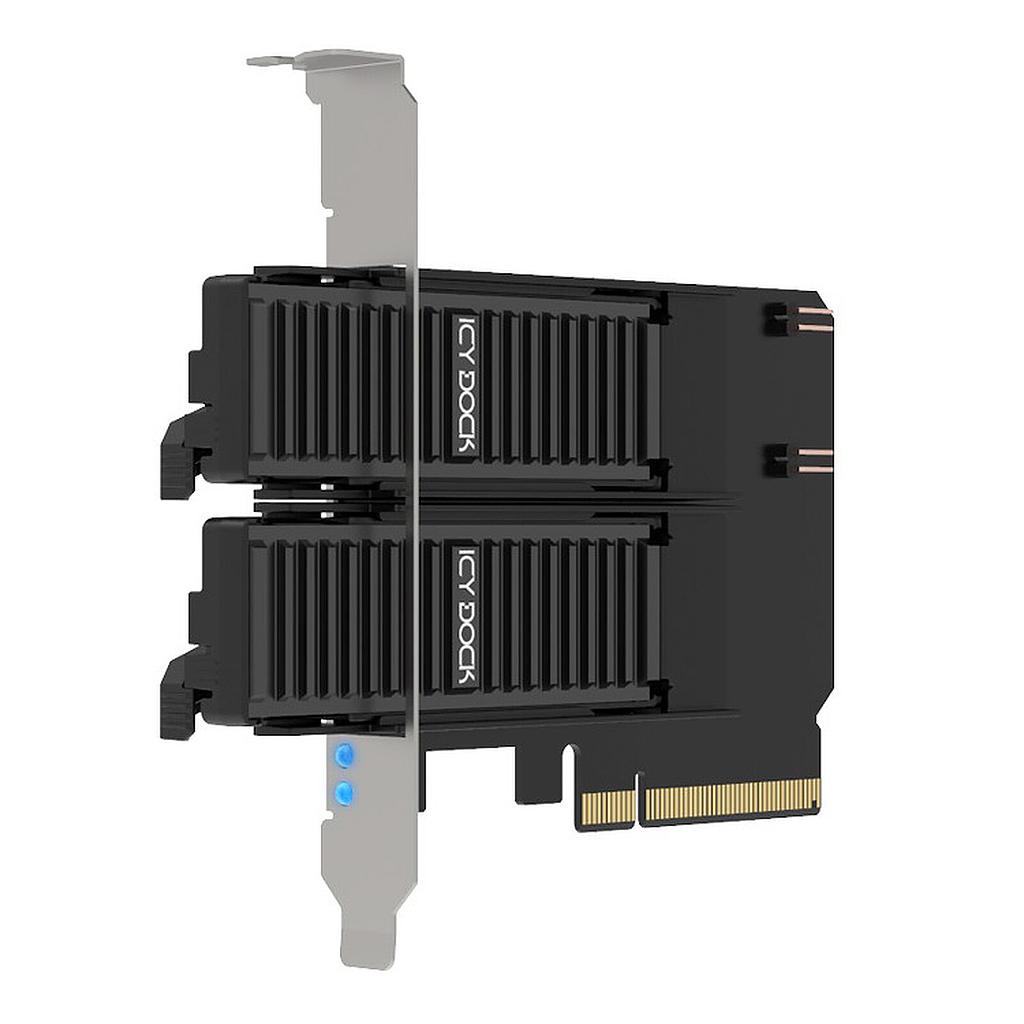 Dual-bay M.2 NVMe SSD to PCIe 4.0 x8 adapter; bifurcation required