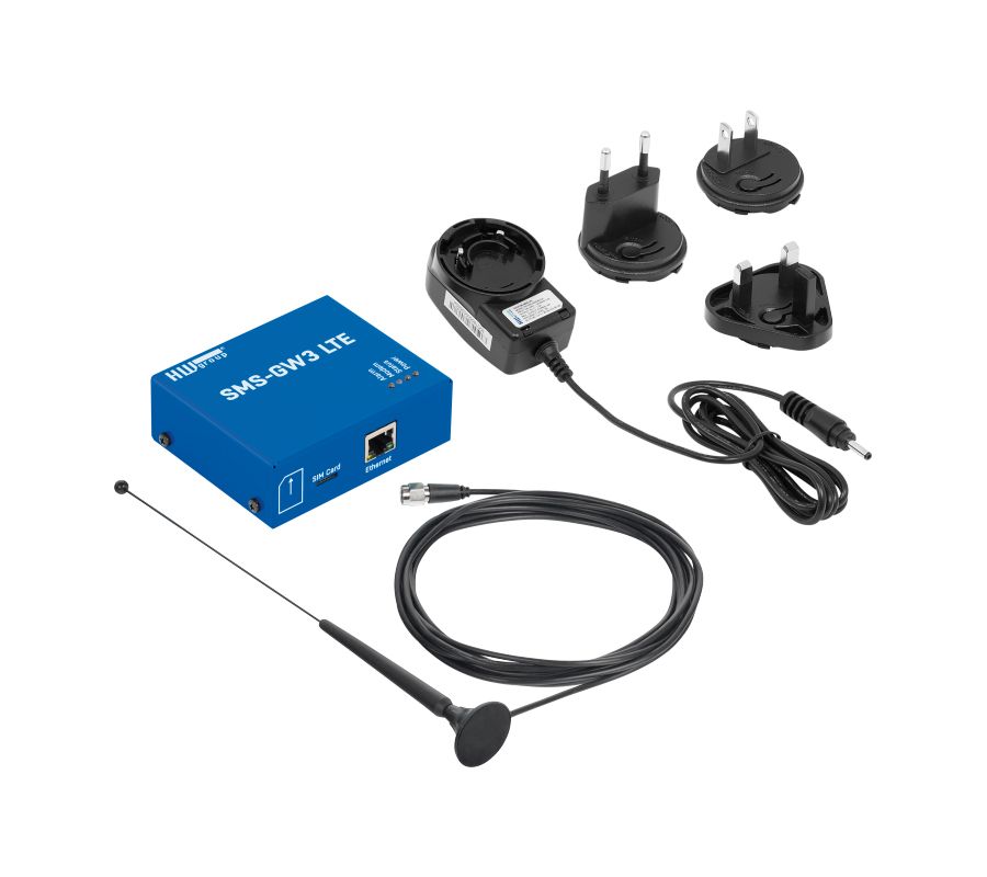 SMS-GW3 LTE central GSM/SMS/LTE gateway for hardware group sensors. IP sensors connected via LAN. Incl. GSM/LTE modem, external antenna &amp; network adapter.