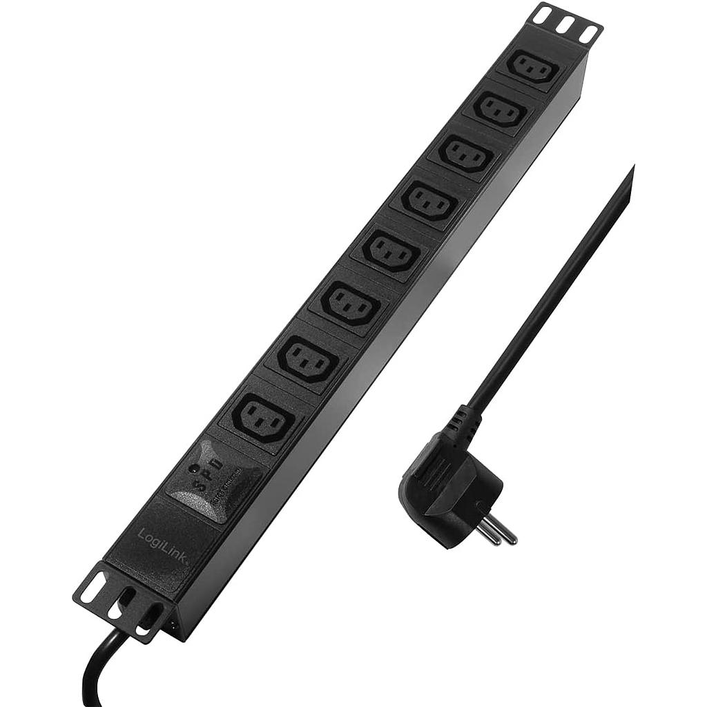 Power distribution unit (PDU) LogiLink, 19" 1U 10A 2M 8*IEC C13 sockets, black, German plug CEE 7/7, angled, with surge protection
