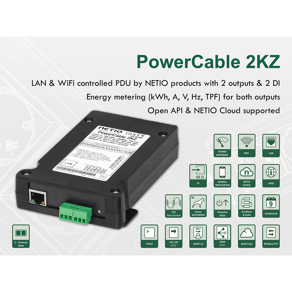 Netio powercable 2KZ smart 2*230V/16A device with LAN &amp; Wi-Fi connectivity, 2*DI
