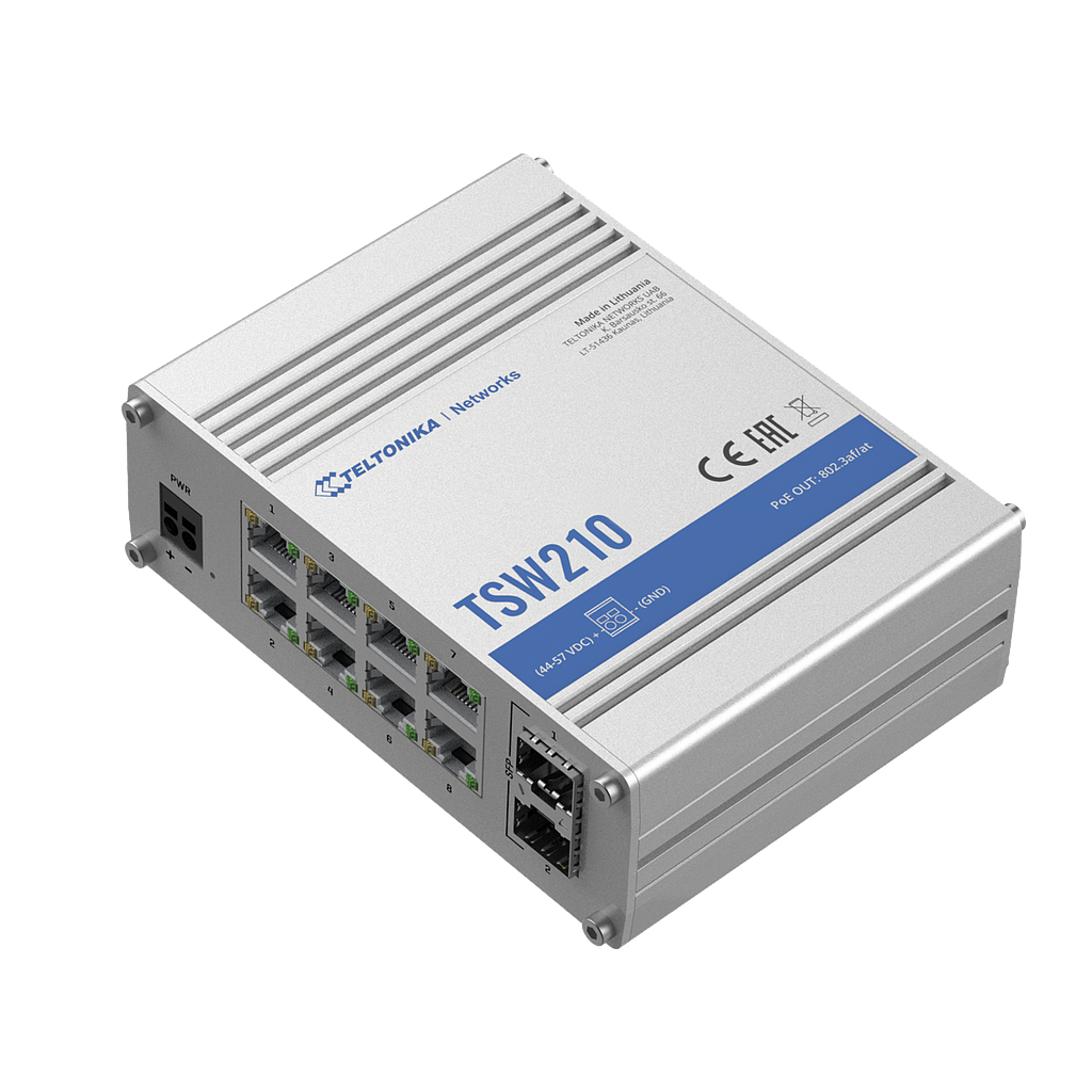 Teltonika TSW210 unmanaged switch 8*10/100/1000BaseT(X), 2*SFP, -40 ... 75°C, toide 7-57V DC