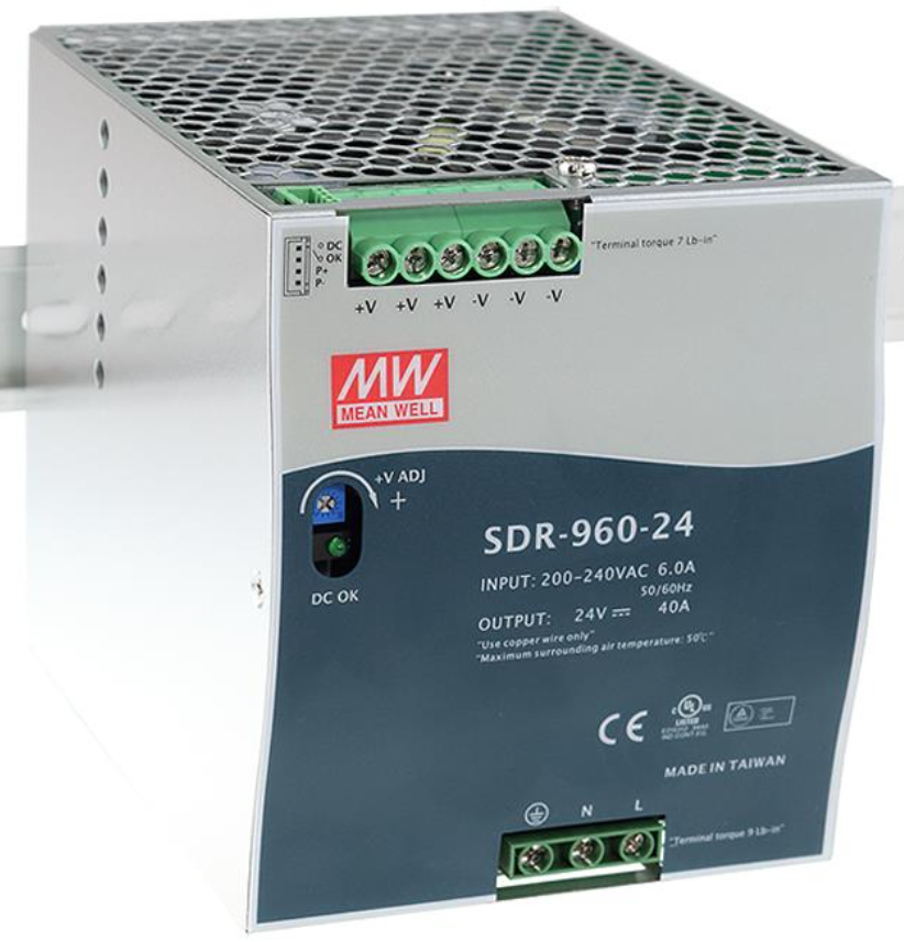 MeanWell AC-DC industrial DIN rail power supply; output 24V DC at 40A; metal casing; ultra slim width 110mm; parallel function