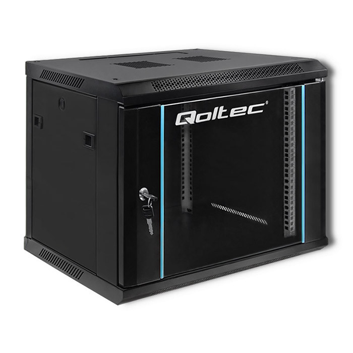 Qoltec 19" wall-mount rack cabinet 9U 600*500*450, with glass door, black