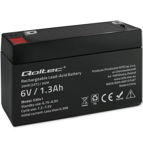 Qoltec AGM battery | 6V | 1.3Ah | maintenance-free | efficient| LongLife | for UPS, scale, cash register