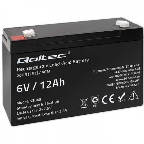 Qoltec AGM battery | 6V | 12Ah | maintenance-free | efficient| LongLife | for UPS, scale, cash register
