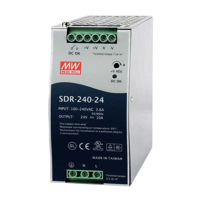 MeanWell 240 W/10 A DIN-rail 24 VDC singel output industrial power supply, universal 88 to 264 VAC or 124 to 370 VDC input voltage, -25 to 70°C operating temperature